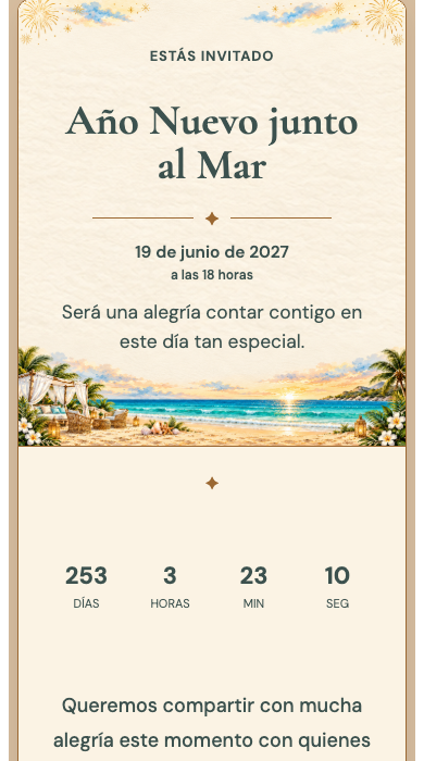 Invitación digital de cumpleaños: Año Nuevo junto al Mar