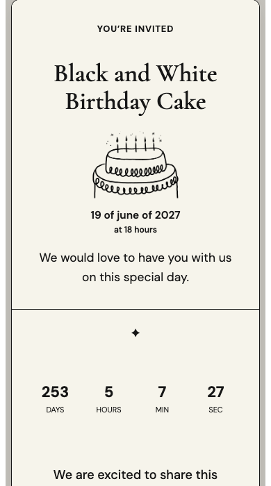 Digital birthday invitation: Black and White Birthday Cake