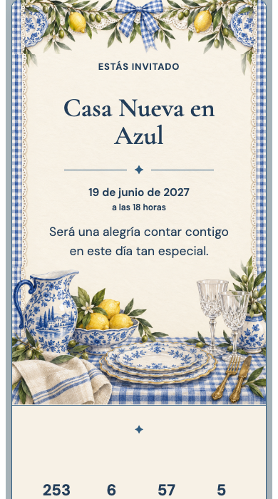 Invitación digital: Casa Nueva en Azul — Casa nueva y despedidas