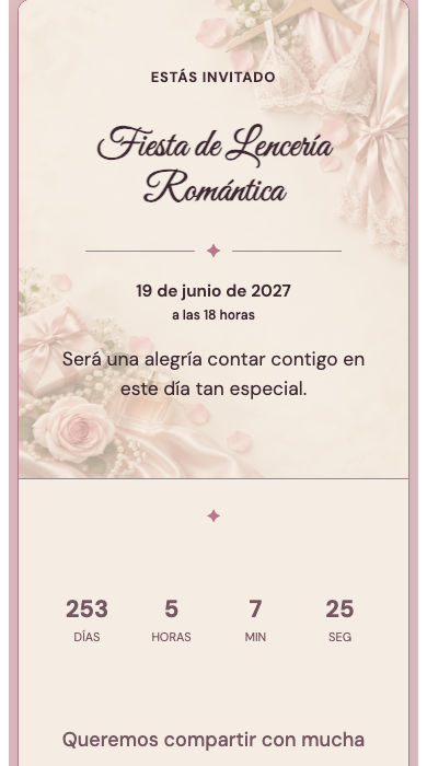 Invitación digital: Fiesta de Lencería Romántica — Casa nueva y despedidas
