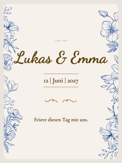 Digitale Einladung zum Hochzeitstag: Blumenmotiv in Blau und Gold