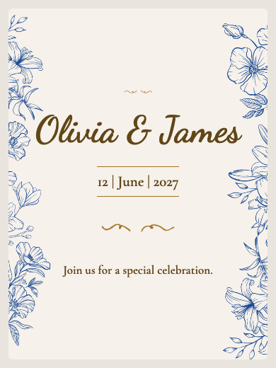 Digital wedding invitation: Blue and Gold Floral