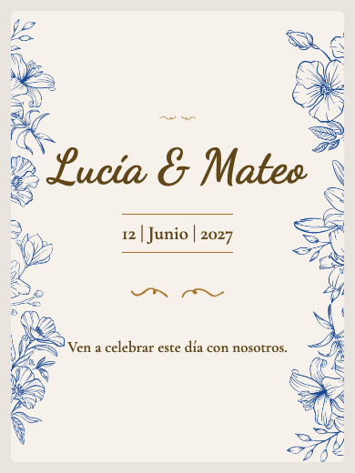 Invitación digital de boda: Floral Azul y Dorado