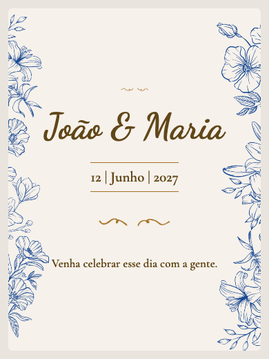 Convite digital de casamento: Floral Azul Dourado