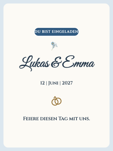 Digitale Einladung zum Hochzeitstag: Blaues Blumenmotiv