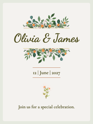 Digital wedding invitation: Green and Orange Floral