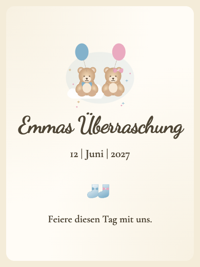 Vorlage für eine interaktive digitale Gender-Reveal-Einladung: Gender-Reveal in Blau und Rosa mit RSVP