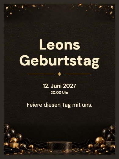 Vorlage: interaktive digitale Geburtstagseinladung: Geburtstag in Schwarz und Gold mit RSVP