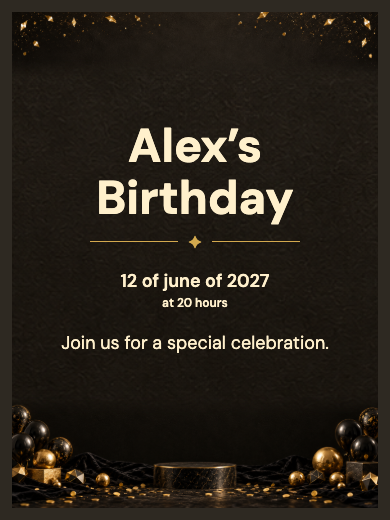 Template: Interactive digital birthday invitation: Black and Gold Birthday with RSVP