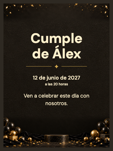 Modelo de invitaci&oacute;n digital interactiva de cumplea&ntilde;os: Cumplea&ntilde;os Negro y Dorado con RSVP