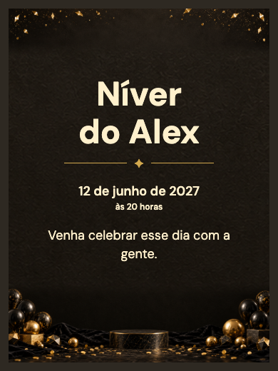 Modelo de convite digital interativo de anivers&aacute;rio: Anivers&aacute;rio Preto e Dourado com RSVP