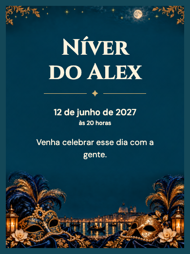 Convite digital de aniversário: Baile de Máscaras Veneziano