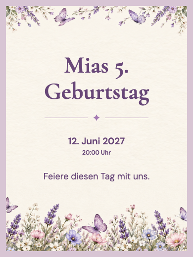Digitale Geburtstagseinladung: Fliederfarbene Schmetterlinge