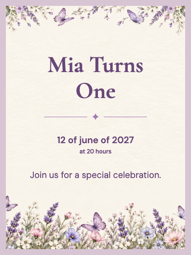Interactive digital children’s birthday invitation template for girls: Lilac Butterflies with RSVP