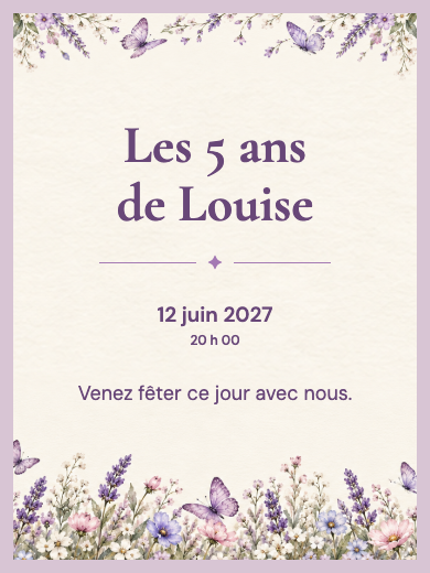 Invitation d’anniversaire numérique: Papillons lilas