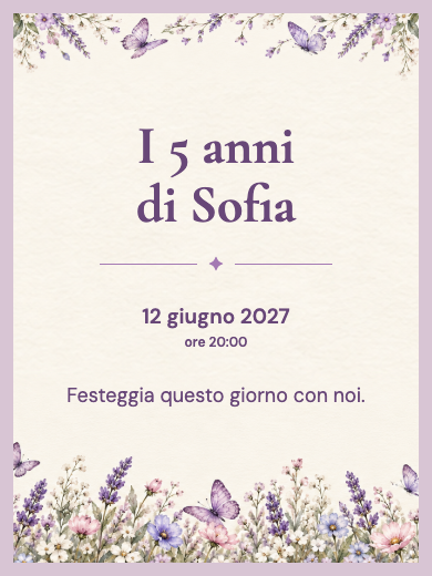 Modello di invito digitale interattivo di compleanno per bambina: Farfalle lilla con RSVP