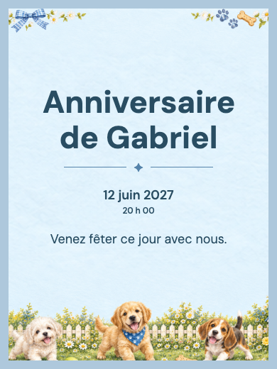 Invitation d’anniversaire numérique: Chiots au jardin