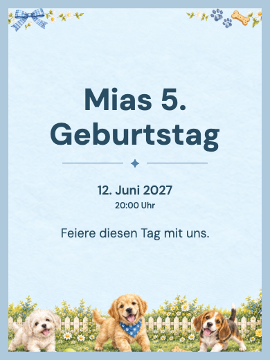 Digitale Geburtstagseinladung: Welpen im Garten