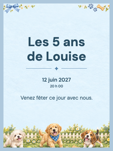 Invitation d’anniversaire numérique: Chiots au jardin