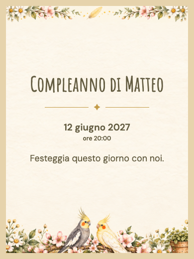 Invito digitale di compleanno: Calopsitte in giardino