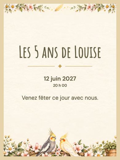 Invitation d’anniversaire numérique: Calopsittes au jardin