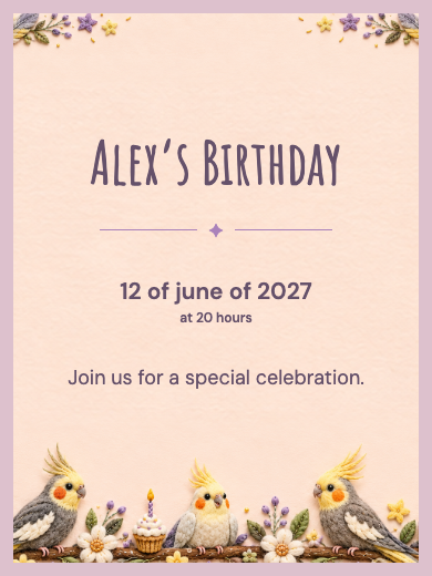 Digital invitation: Enchanted Cockatiels — Animals and nature