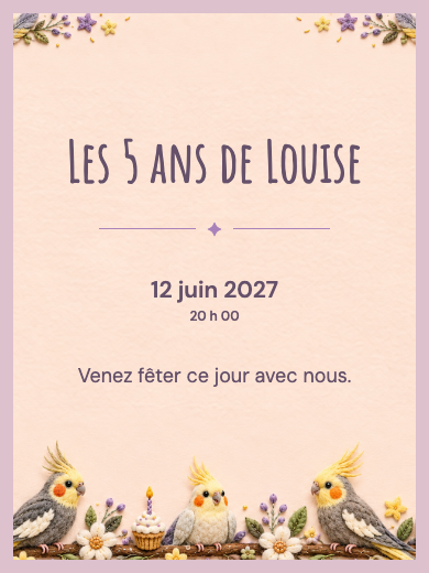 Invitation d’anniversaire numérique: Calopsittes enchantées