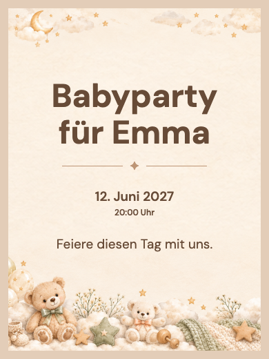 Vorlage für eine interaktive digitale Einladung für Tiere und Natur: Babyparty mit Teddybären mit RSVP