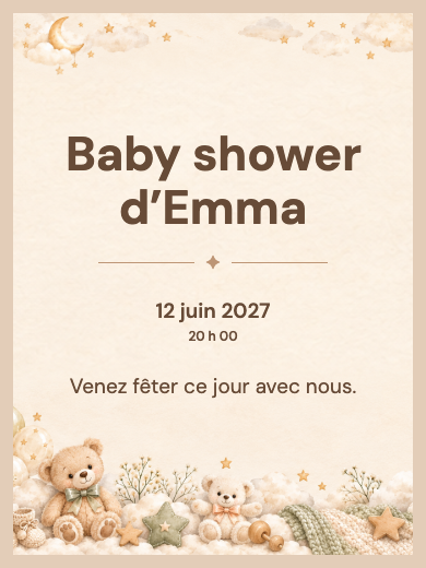 Invitation numérique pour baby shower: Baby shower avec oursons