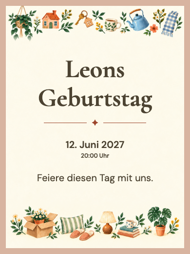 Digitale Geburtstagseinladung: Gemütliche Einweihungsparty