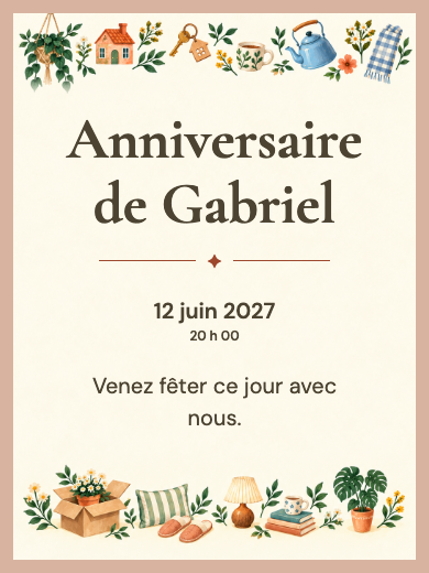 Invitation d’anniversaire numérique: Crémaillère chaleureuse