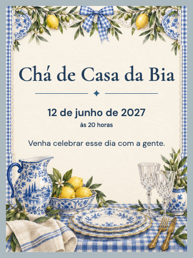 Modelo de convite digital interativo para Chá de casa: Casa Nova em Azul com RSVP