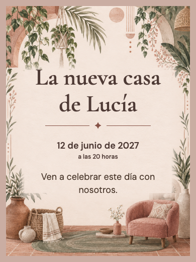 Modelo de invitación digital interactiva para Casa nueva y despedidas: Casa Nueva Rústica con RSVP