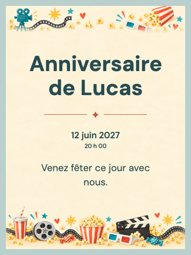 Invitation d’anniversaire numérique: Cinéma festif