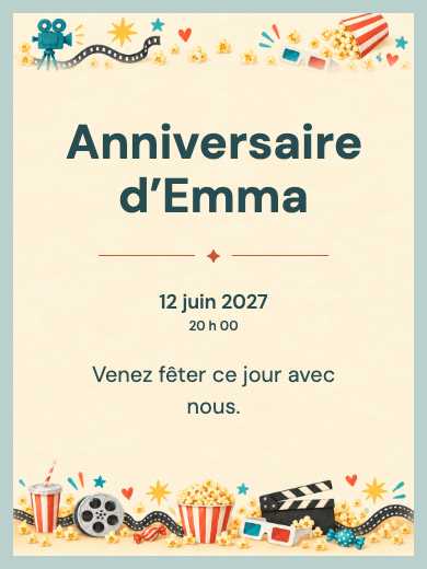 Invitation d’anniversaire numérique: Cinéma festif