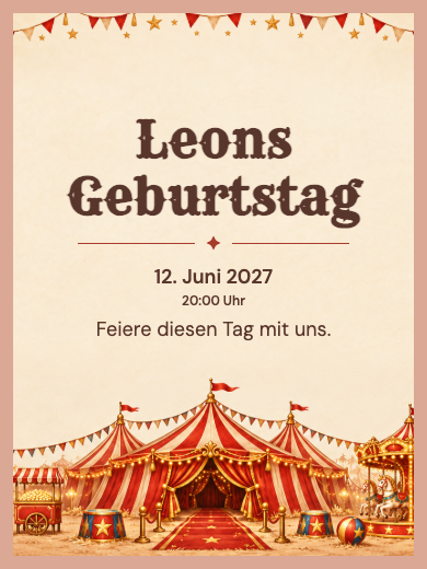 Digitale Geburtstagseinladung: Zirkus in Rot und Gold