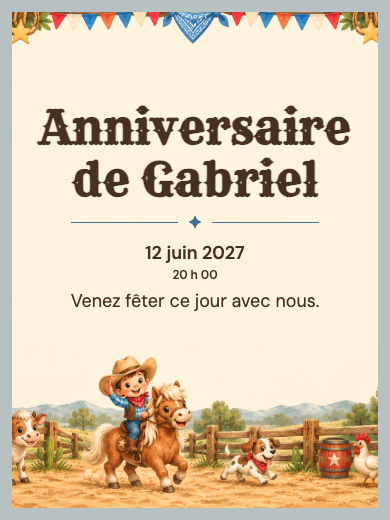 Invitation d’anniversaire numérique: Cowboy à la ferme
