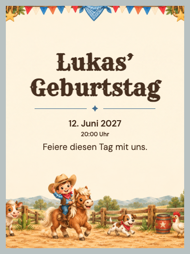 Digitale Geburtstagseinladung: Cowboy auf dem Bauernhof