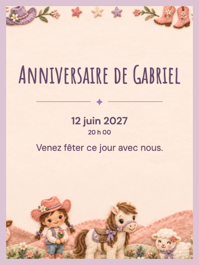 Invitation d’anniversaire numérique: Cowgirl à la ferme
