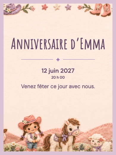 Invitation d’anniversaire numérique: Cowgirl à la ferme