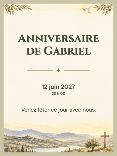 Invitation d’anniversaire numérique: Lumière et rameaux d’olivier