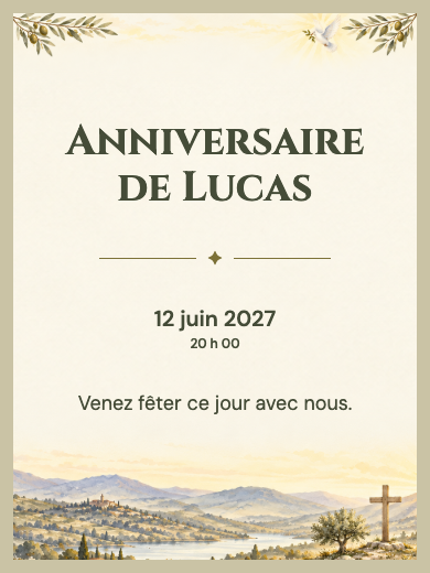 Invitation d’anniversaire numérique: Lumière et rameaux d’olivier