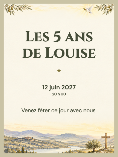 Invitation d’anniversaire numérique: Lumière et rameaux d’olivier