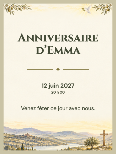 Invitation d’anniversaire numérique: Lumière et rameaux d’olivier