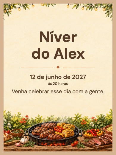 Modelo de convite digital interativo de aniversário: Confraternização no Churrasco com RSVP