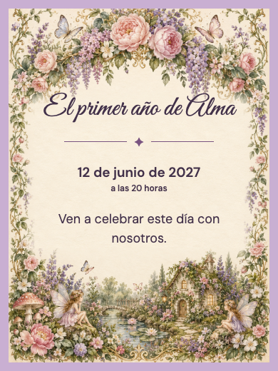 Modelo de invitación digital interactiva de cumpleaños infantil para niña: Jardín Encantado de Flores con RSVP