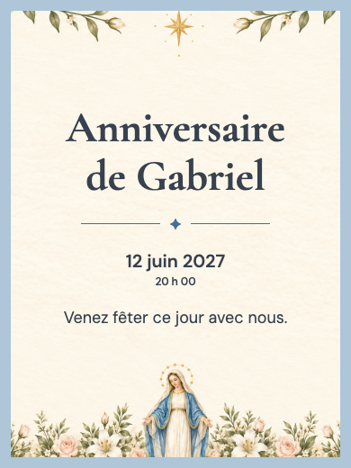 Invitation d’anniversaire numérique: Marie parmi les fleurs