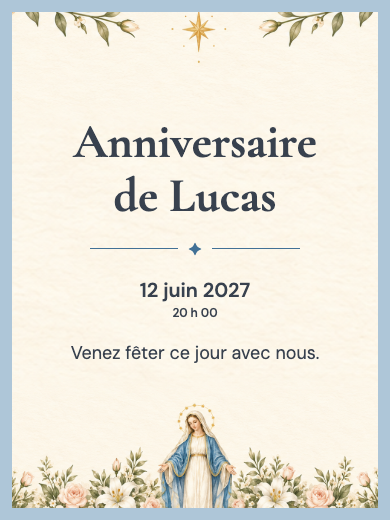Invitation d’anniversaire numérique: Marie parmi les fleurs
