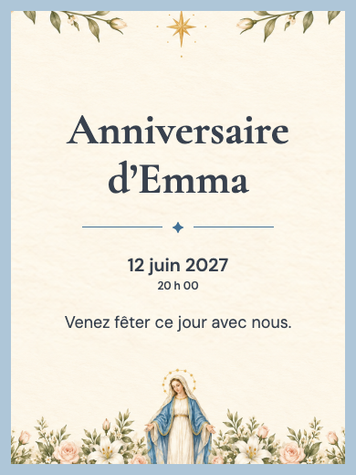 Invitation d’anniversaire numérique: Marie parmi les fleurs