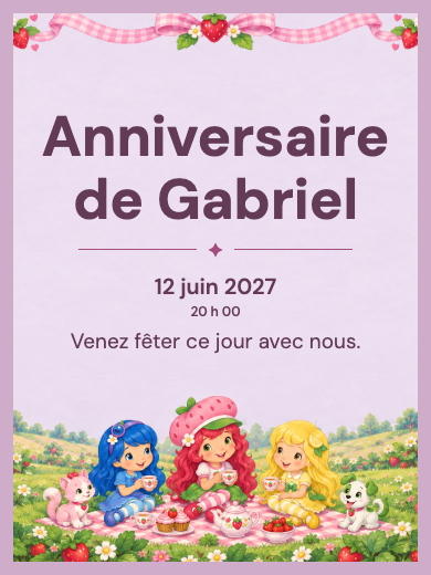 Invitation d’anniversaire numérique: Charlotte aux fraises et ses amis